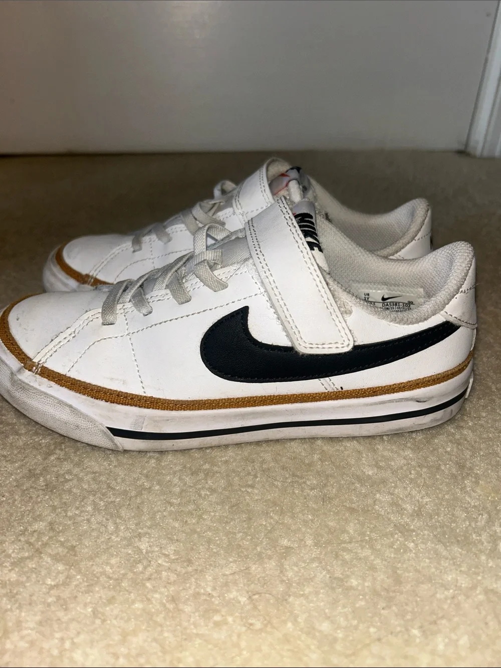 Nike Kids’ Court Legacy Sneakers White w/Black Swoosh and Desert Ochre Trim